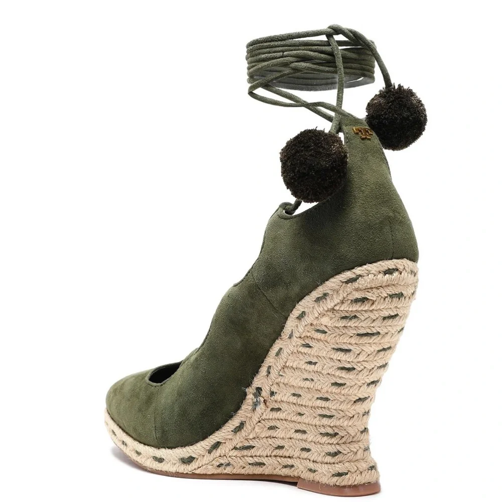 NWT TORY BURCH Wedge Tie-Up Espadrille Green Suede
